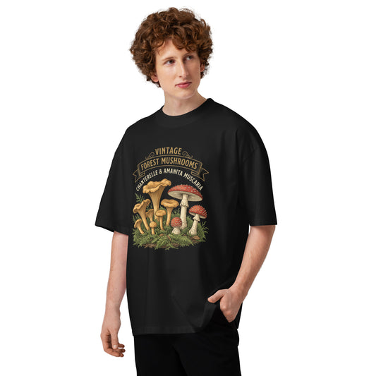 Vintage forest mushroom field-guide design with amanita muscaria on a black oversized high-neck tee, front view