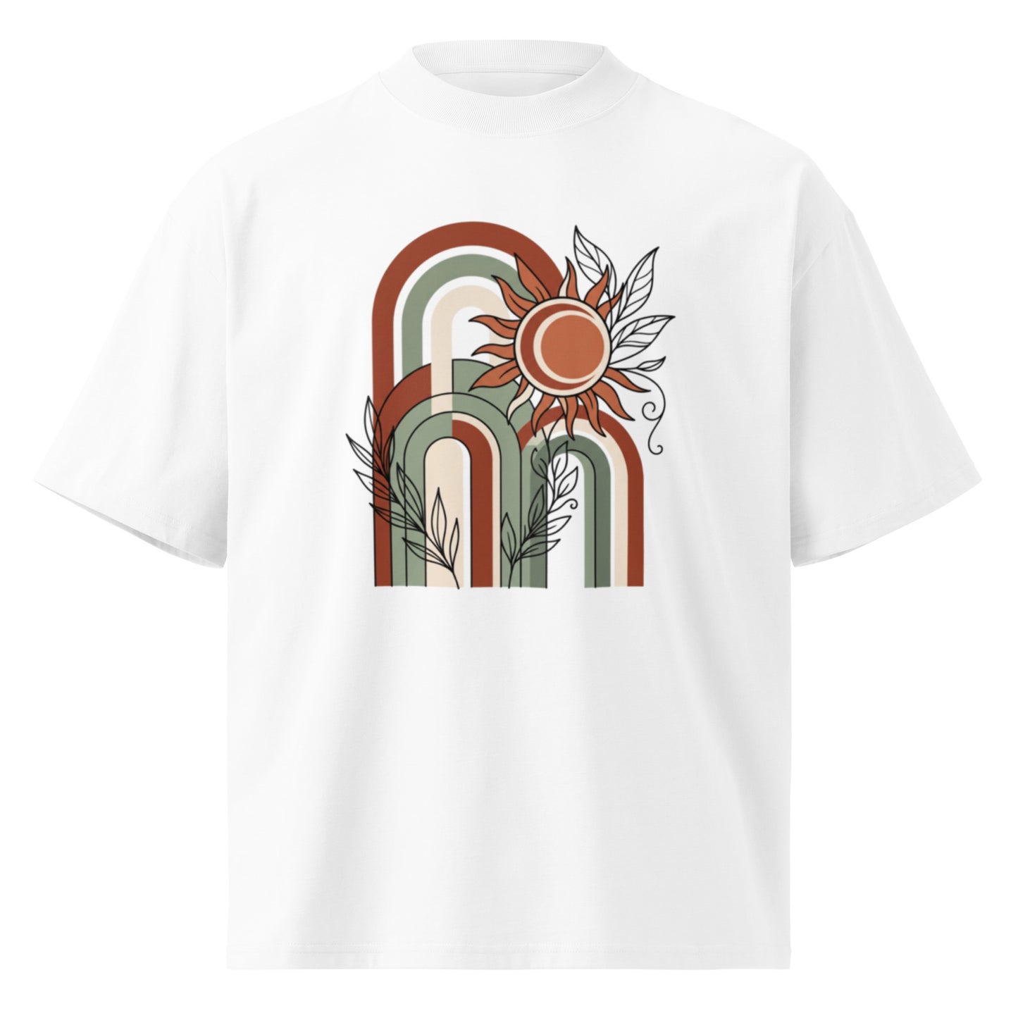 Retro rainbow arches with a rising sun on a white oversized high-neck tee, front view