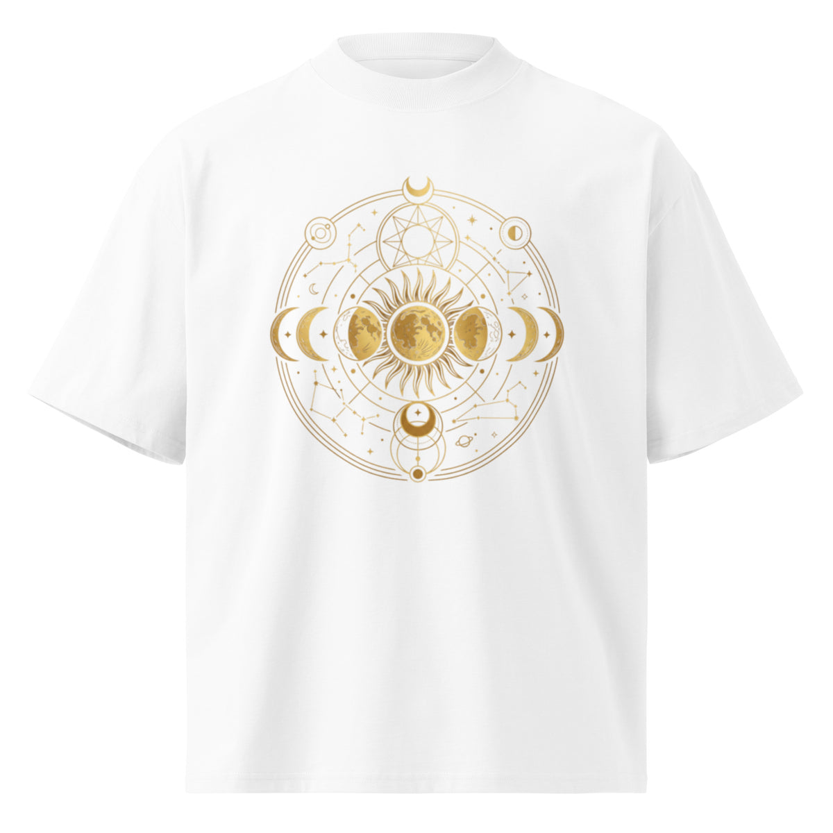 Gold celestial moon phases in an astrological circle on a white oversized high-neck tee, front view