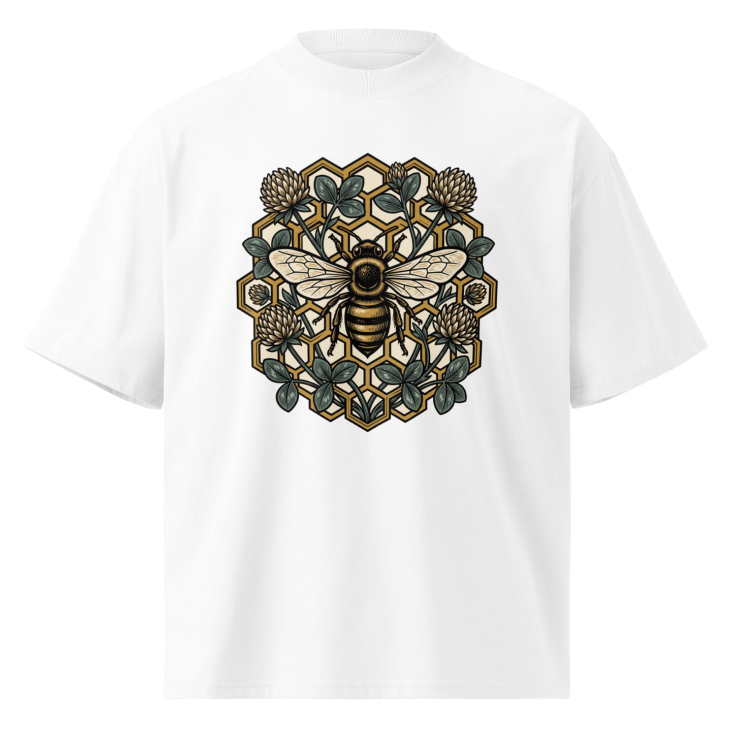 Geometric honeycomb and bee design in teal and gold on a white oversized high-neck tee, front view