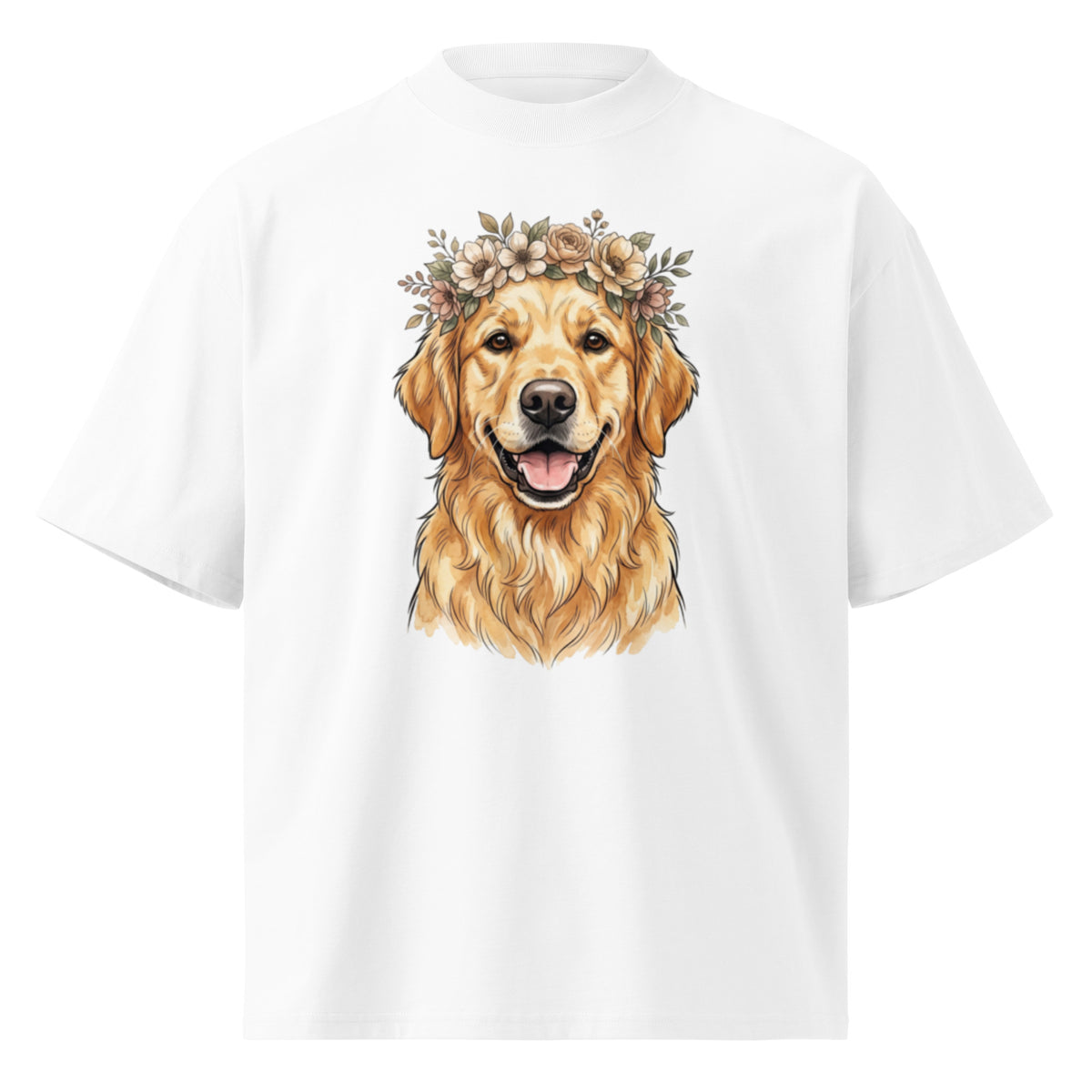 Golden retriever wearing a flower crown on a white oversized high-neck tee, front view