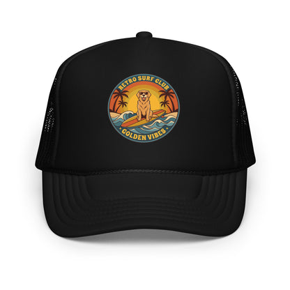 Vintage Golden Retriever Surf Trucker Hat Retro Dog Mom Baseball Cap - in Black, front view - VibePrintPop