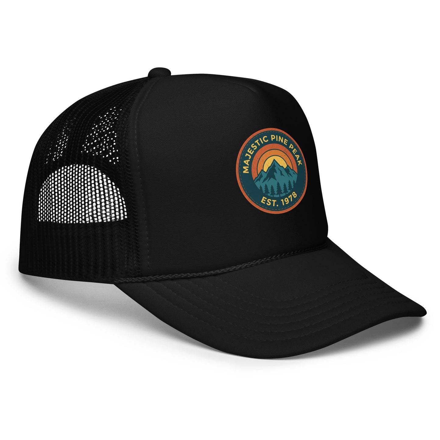 Black retro mountain sunset trucker hat with mesh back, angled front view