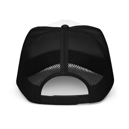 Retro Campfire Outdoor Patch Trucker Hat Vintage Camping Mesh Cap - in Black / White / Black, back view - VibePrintPop