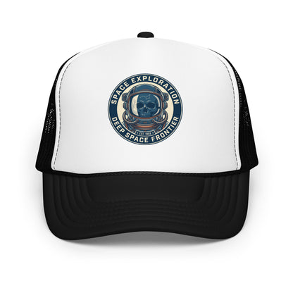 Retro Astronaut Helmet Trucker Hat Vintage Space Skull Graphic Cap - in Black / White / Black, front view - VibePrintPop