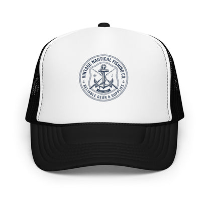 Lake Life Anchor Fishing Trucker Hat Vintage Nautical Boating Cap - in Black / White / Black, front view - VibePrintPop
