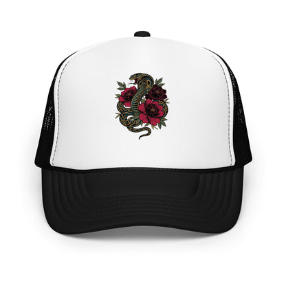 Gothic Snake Peony Floral Trucker Hat Tattoo Style Streetwear Cap - in Black / White / Black, front view - VibePrintPop