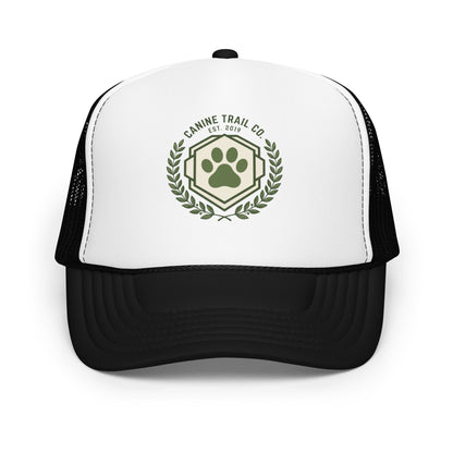 Dog Dad Vintage Shield Trucker Hat Dog Father Gift Baseball Cap - in Black / White / Black, front view - VibePrintPop
