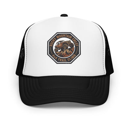 Off Road 4x4 Mountain Trail Trucker Hat Overland Adventure Mesh Cap - in Black / White / Black, front view - VibePrintPop