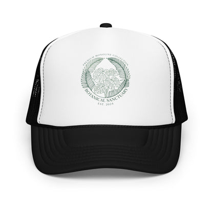Plant Lady Monstera Leaves Trucker Hat Cute Urban Jungle Mesh Cap - in Black / White / Black, front view - VibePrintPop