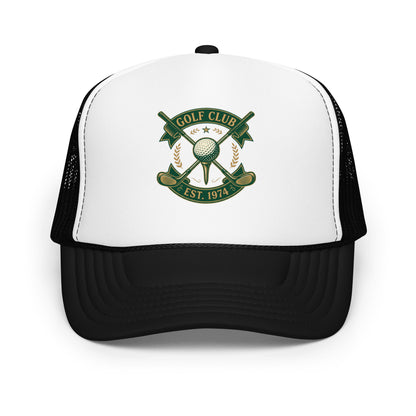 Vintage Golf Club Embroidered Style Trucker Hat Golfer Gift Cap - in Black / White / Black, front view - VibePrintPop