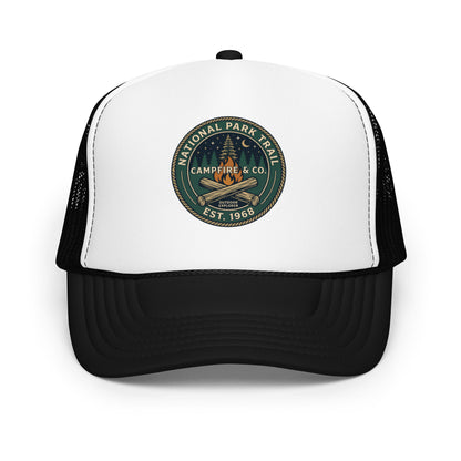 Retro Campfire Outdoor Patch Trucker Hat Vintage Camping Mesh Cap - in Black / White / Black, front view - VibePrintPop