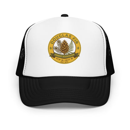 Bigfoot Hide and Seek Champion Trucker Hat Sasquatch Hiking Cap - in Black / White / Black, front view - VibePrintPop