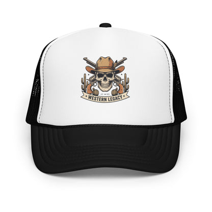 Vintage Cowboy Skull Western Trucker Hat Rodeo Country Music Cap - in Black / White / Black, front view - VibePrintPop