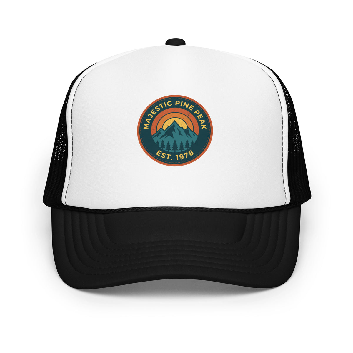 Black and white retro mountain sunset trucker hat, front view