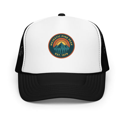 Black and white retro mountain sunset trucker hat, front view