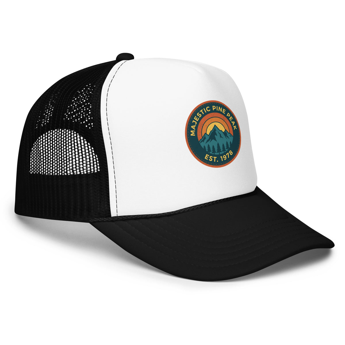 Black and white retro mountain sunset trucker hat with mesh back, angled view