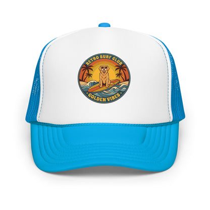 Vintage Golden Retriever Surf Trucker Hat Retro Dog Mom Baseball Cap - in Blue / White / Blue, front view - VibePrintPop