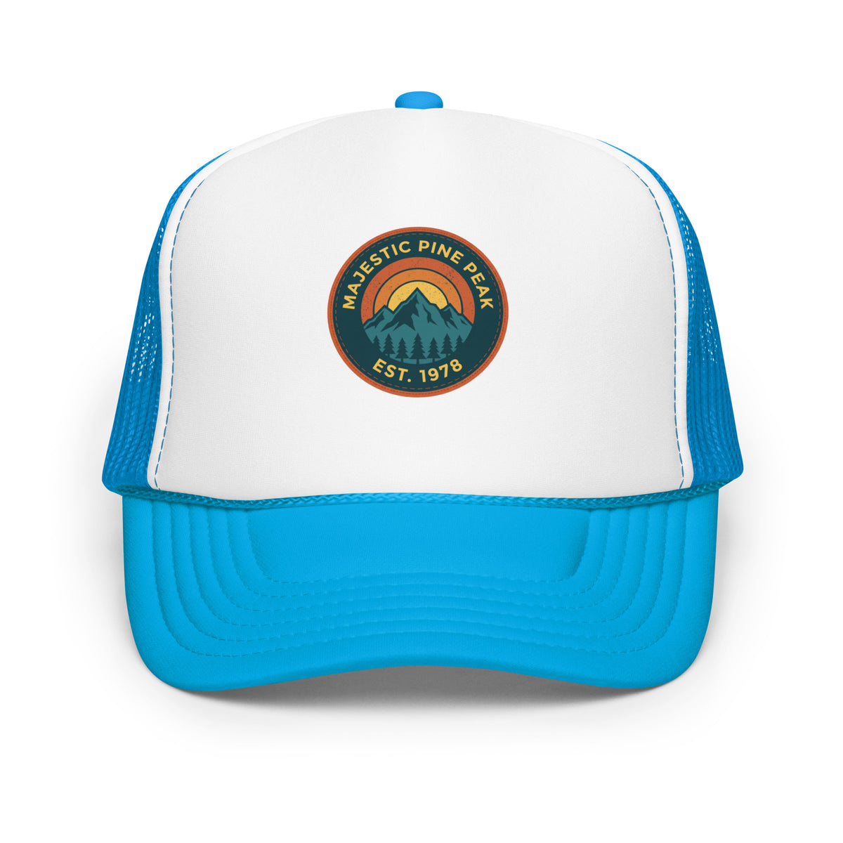 Blue and white retro mountain sunset trucker hat, front view