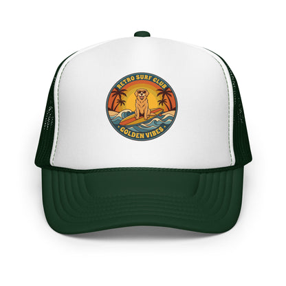 Vintage Golden Retriever Surf Trucker Hat Retro Dog Mom Baseball Cap - in Dark Green /White/Dark Green, front view - VibePrintPop