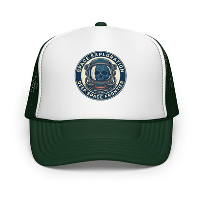 Retro Astronaut Helmet Trucker Hat Vintage Space Skull Graphic Cap - in Dark Green /White/Dark Green, front view - VibePrintPop