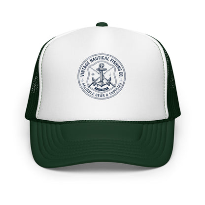 Lake Life Anchor Fishing Trucker Hat Vintage Nautical Boating Cap - in Dark Green /White/Dark Green, front view - VibePrintPop