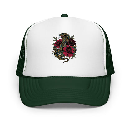 Gothic Snake Peony Floral Trucker Hat Tattoo Style Streetwear Cap - in Dark Green /White/Dark Green, front view - VibePrintPop