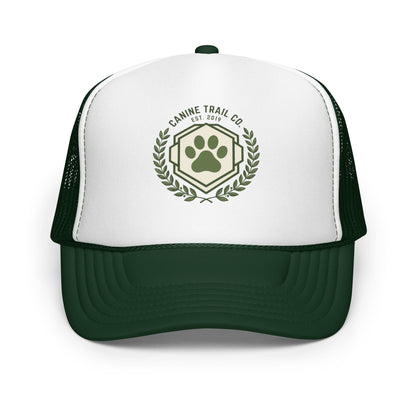 Dog Dad Vintage Shield Trucker Hat Dog Father Gift Baseball Cap - in Dark Green /White/Dark Green, front view - VibePrintPop