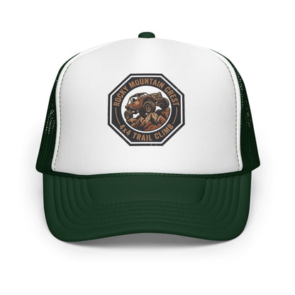 Off Road 4x4 Mountain Trail Trucker Hat Overland Adventure Mesh Cap - in Dark Green /White/Dark Green, front view - VibePrintPop