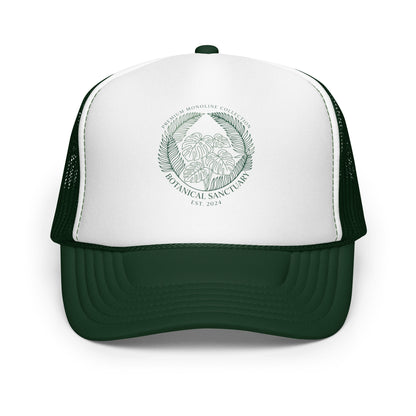 Plant Lady Monstera Leaves Trucker Hat Cute Urban Jungle Mesh Cap - in Dark Green /White/Dark Green, front view - VibePrintPop