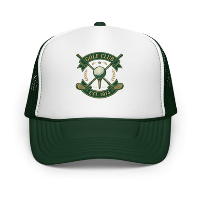 Vintage Golf Club Embroidered Style Trucker Hat Golfer Gift Cap - in Dark Green /White/Dark Green, front view - VibePrintPop
