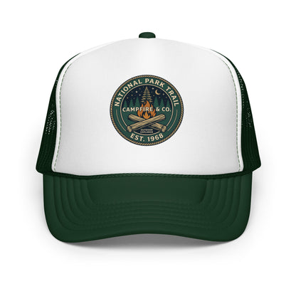 Retro Campfire Outdoor Patch Trucker Hat Vintage Camping Mesh Cap - in Dark Green /White/Dark Green, front view - VibePrintPop