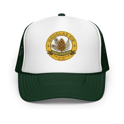 Bigfoot Hide and Seek Champion Trucker Hat Sasquatch Hiking Cap - in Dark Green /White/Dark Green, front view - VibePrintPop