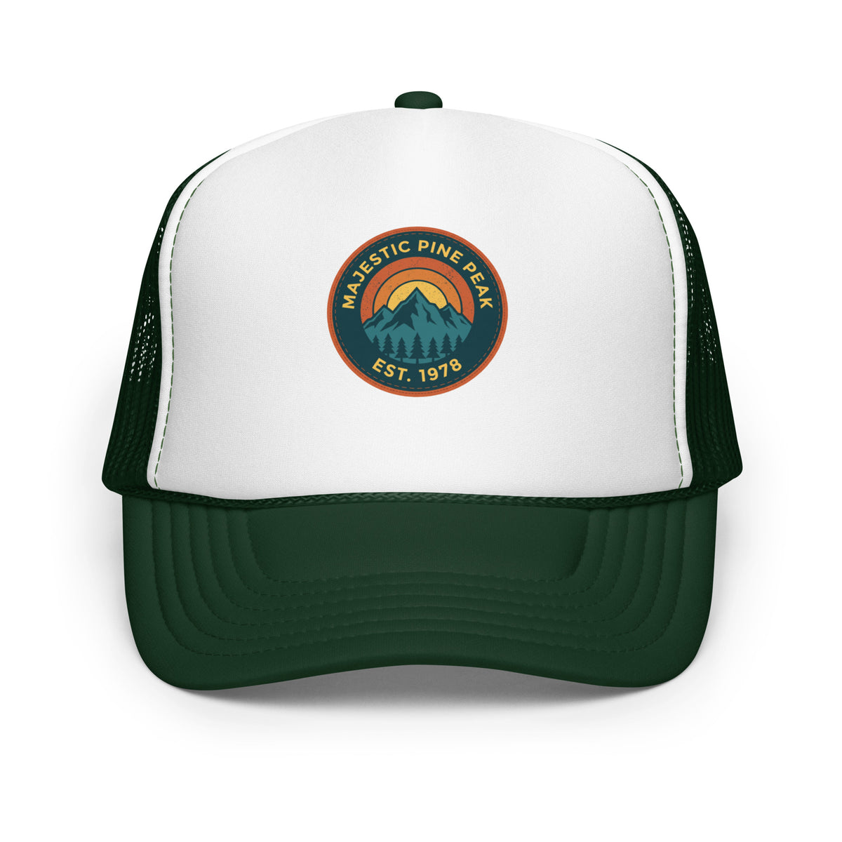 Dark green and white retro mountain sunset trucker hat, front view