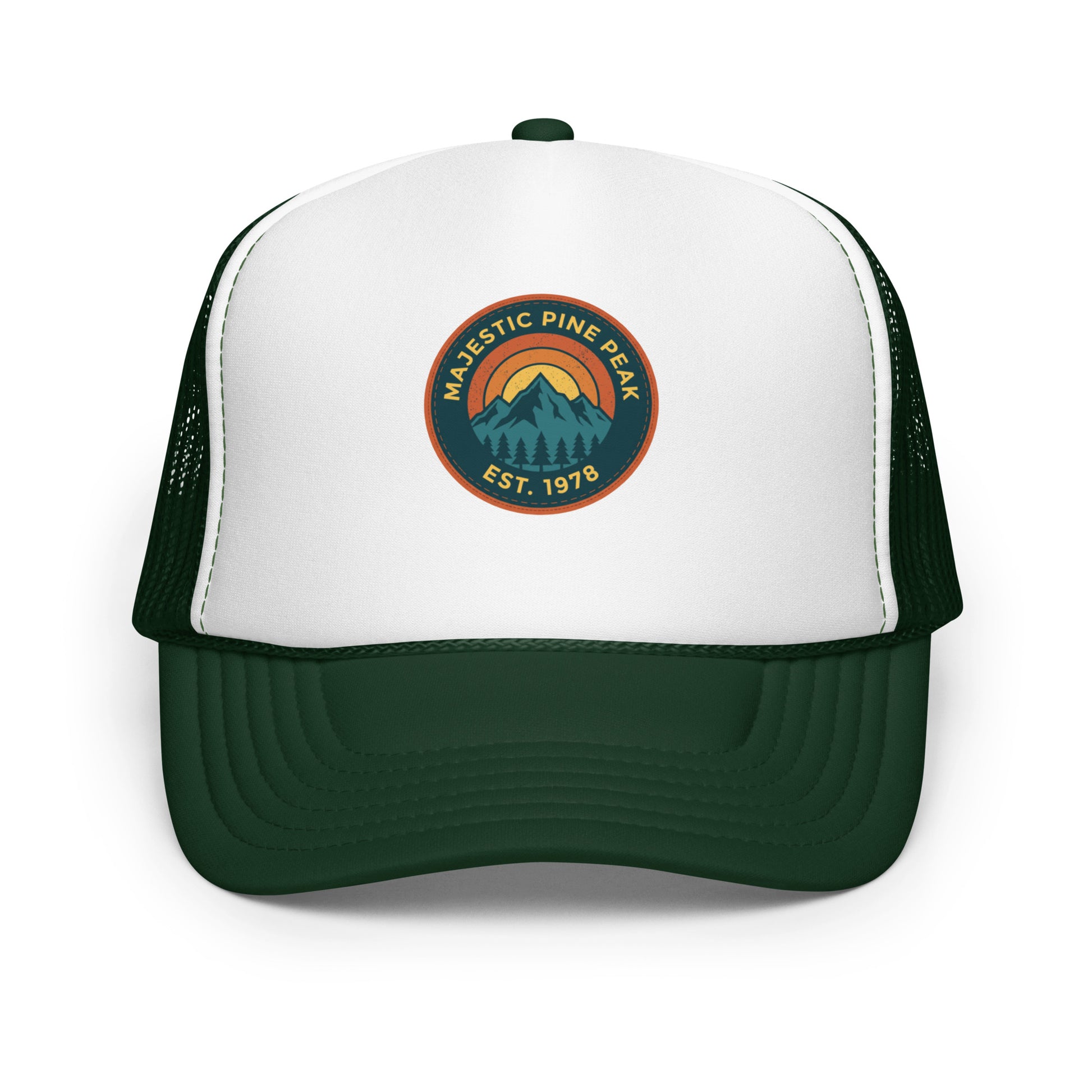 Dark green and white retro mountain sunset trucker hat, front view