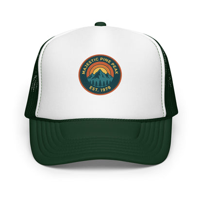 Dark green and white retro mountain sunset trucker hat, front view