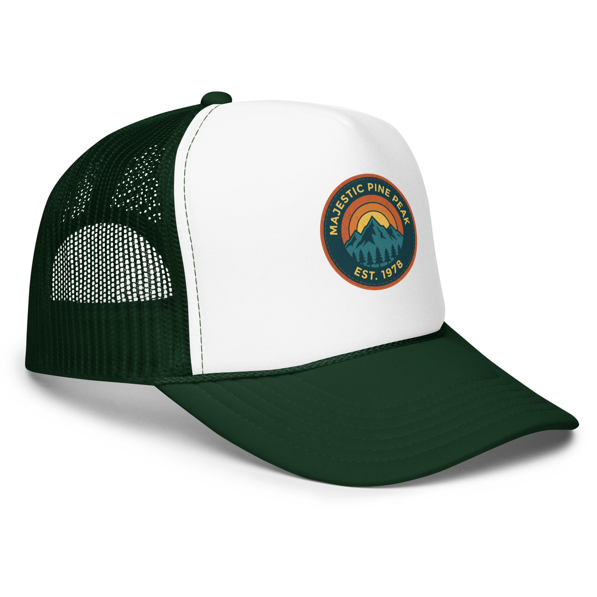 Dark green and white retro mountain sunset trucker hat, angled front view