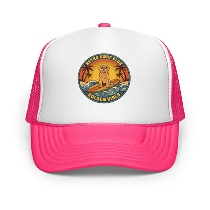 Vintage Golden Retriever Surf Trucker Hat Retro Dog Mom Baseball Cap - in Hot Pink/ White/ Hot Pink, front view - VibePrintPop