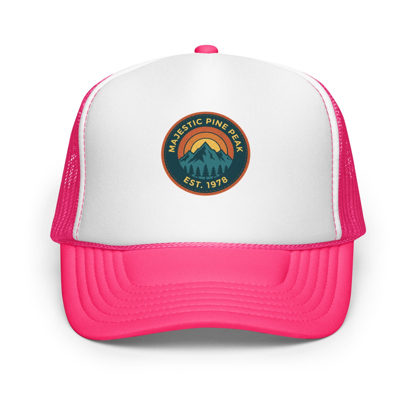 Hot pink and white retro mountain sunset trucker hat, front view
