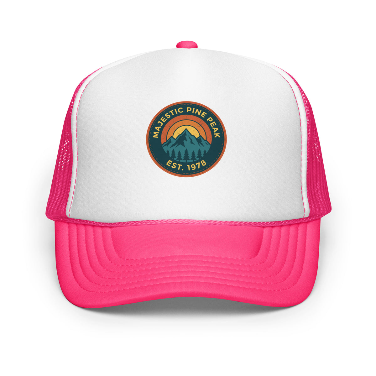 Hot pink and white retro mountain sunset trucker hat, front view