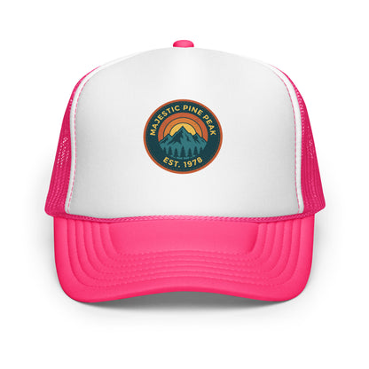 Hot pink and white retro mountain sunset trucker hat, front view