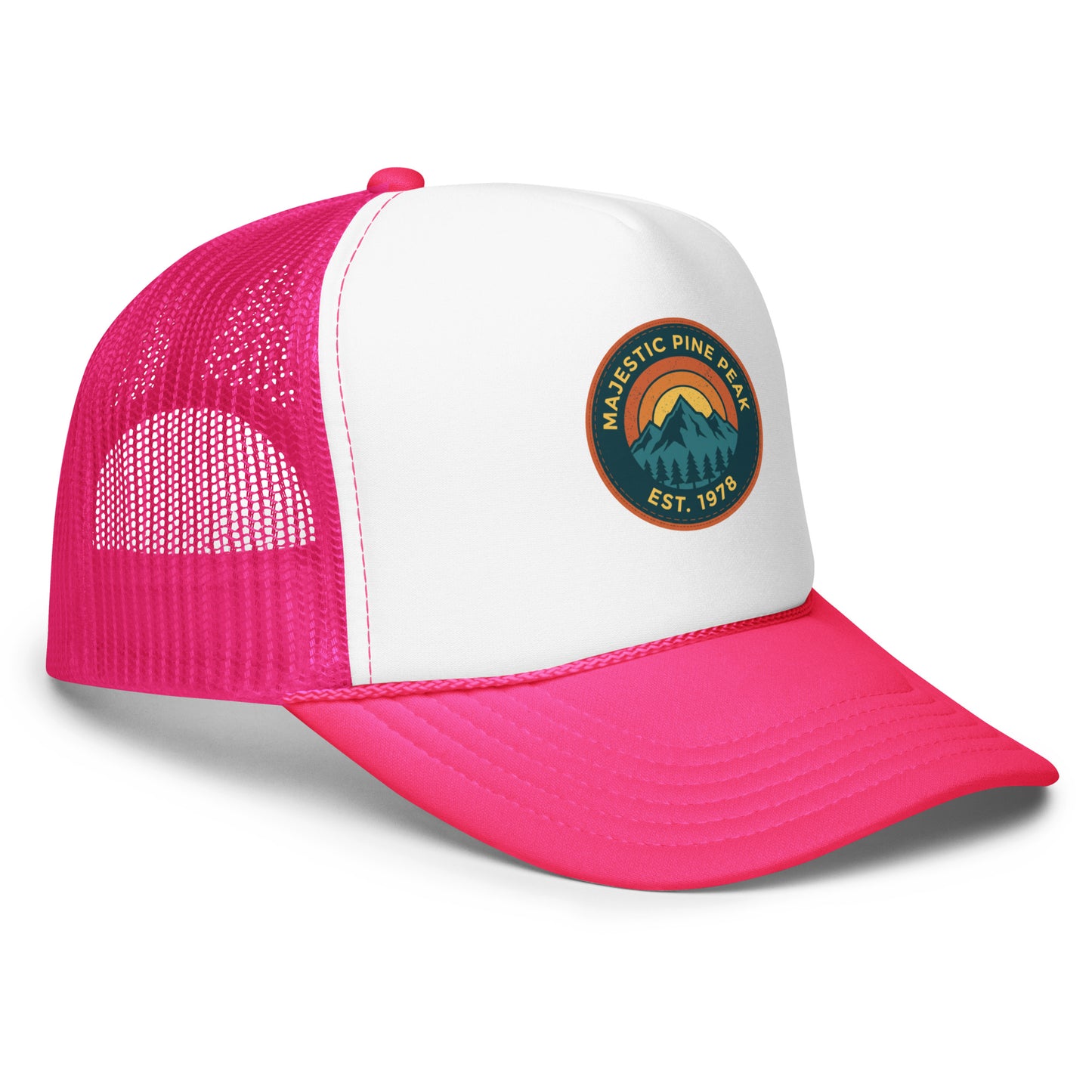 Hot pink and white retro mountain sunset trucker hat, angled front view