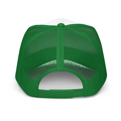 Retro Campfire Outdoor Patch Trucker Hat Vintage Camping Mesh Cap - in Kelly/ White/ Kelly, back view - VibePrintPop