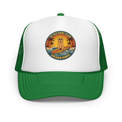 Vintage Golden Retriever Surf Trucker Hat Retro Dog Mom Baseball Cap - in Kelly/ White/ Kelly, front view - VibePrintPop