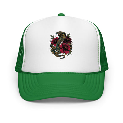 Gothic Snake Peony Floral Trucker Hat Tattoo Style Streetwear Cap - in Kelly/ White/ Kelly, front view - VibePrintPop