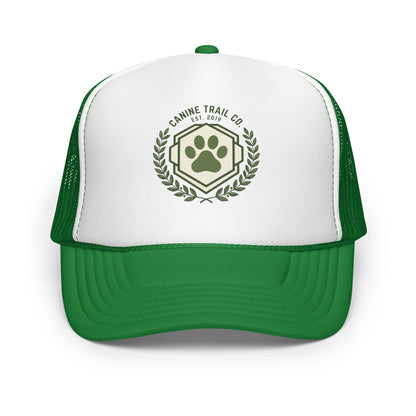 Dog Dad Vintage Shield Trucker Hat Dog Father Gift Baseball Cap - in Kelly/ White/ Kelly, front view - VibePrintPop