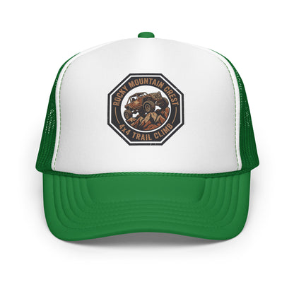Off Road 4x4 Mountain Trail Trucker Hat Overland Adventure Mesh Cap - in Kelly/ White/ Kelly, front view - VibePrintPop