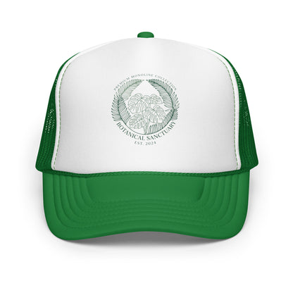 Plant Lady Monstera Leaves Trucker Hat Cute Urban Jungle Mesh Cap - in Kelly/ White/ Kelly, front view - VibePrintPop