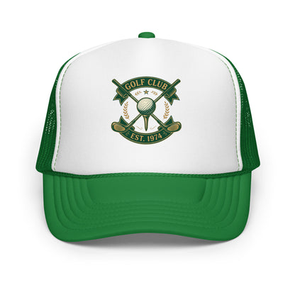 Vintage Golf Club Embroidered Style Trucker Hat Golfer Gift Cap - in Kelly/ White/ Kelly, front view - VibePrintPop