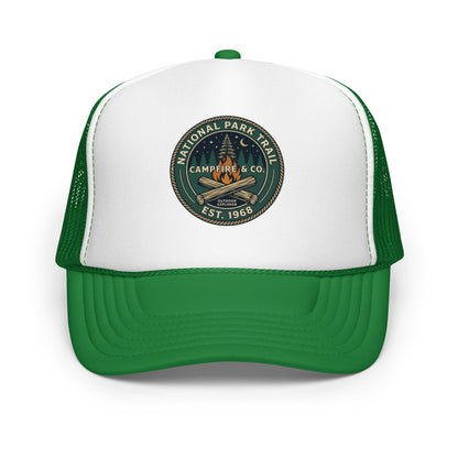 Retro Campfire Outdoor Patch Trucker Hat Vintage Camping Mesh Cap - in Kelly/ White/ Kelly, front view - VibePrintPop